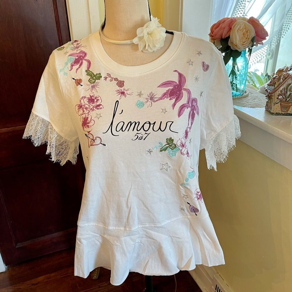CinqASept M/L French Designer Paris Floral Lace Peplum Top